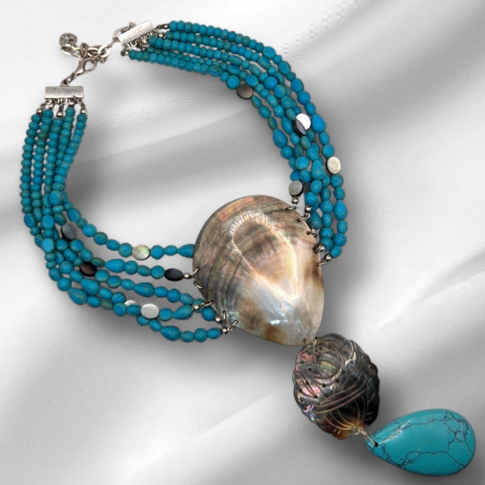 Signed Chicos Abalone & Turquoise Colored Howlite Mermaidcore Statement Necklace